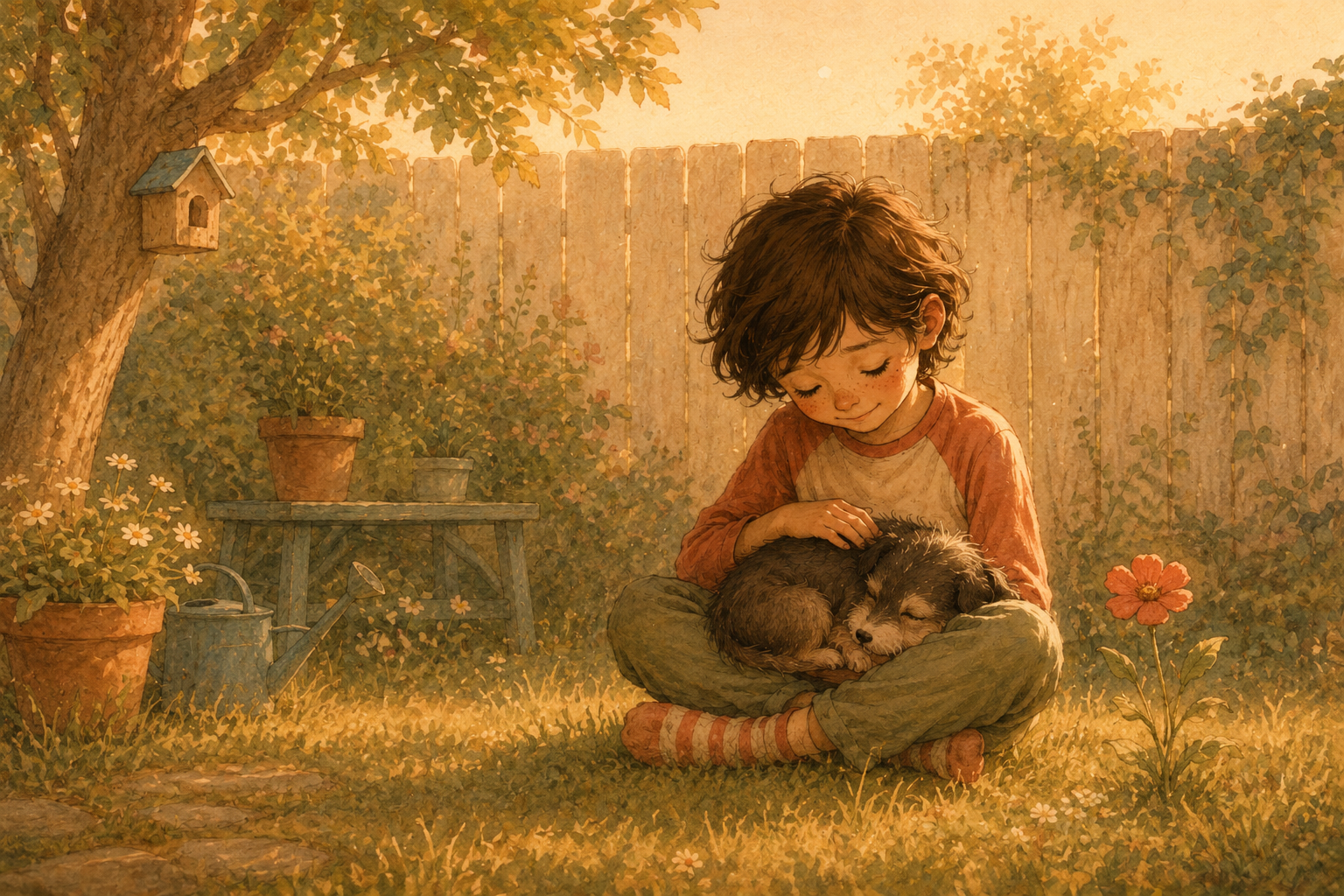 Child hugging a pet with a warm, bittersweet expression, illustrated
