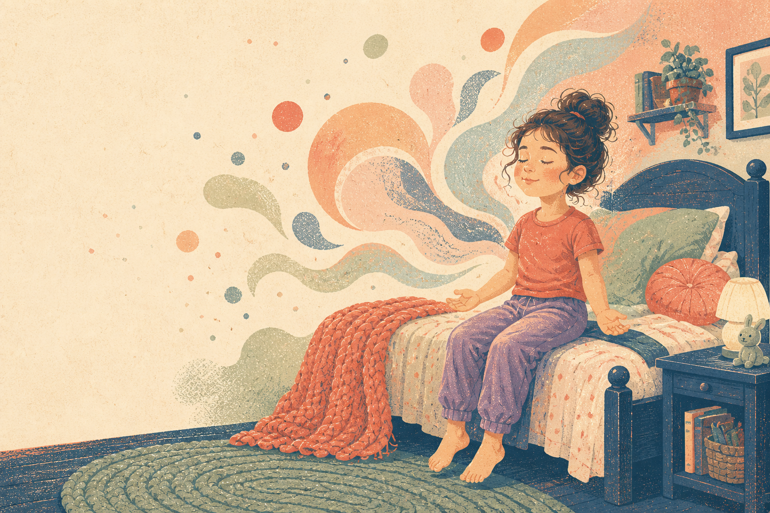Child with a big emotion face, surrounded by a calming warm glow, illustrated