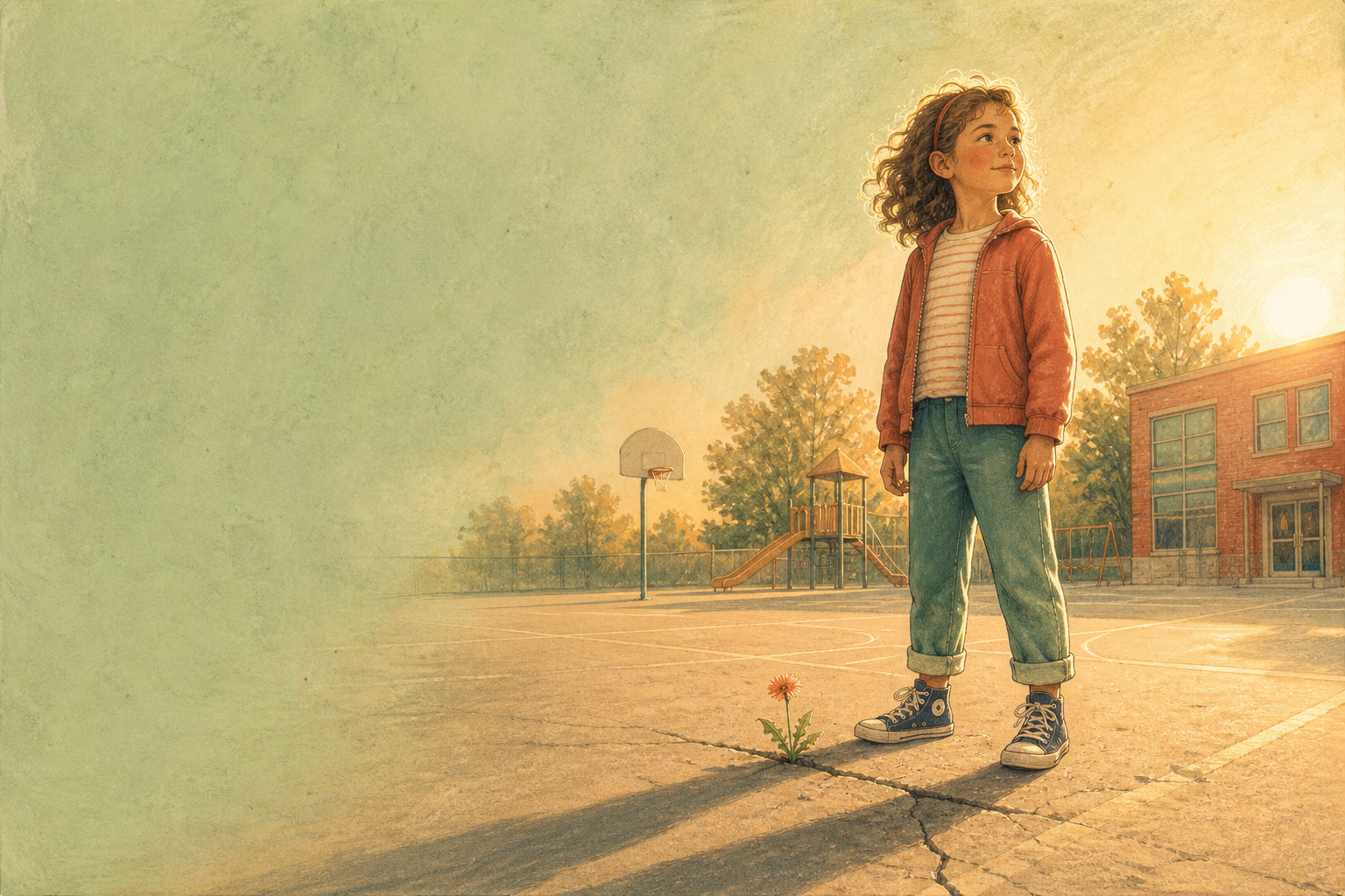 Child standing alone on a playground looking sad but strong, illustrated