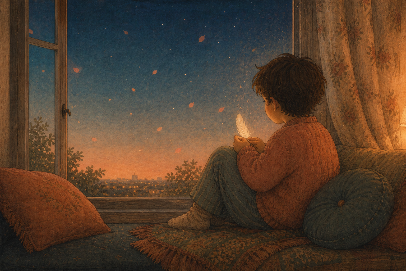 Child sitting quietly with a thoughtful expression, warm illustrated style