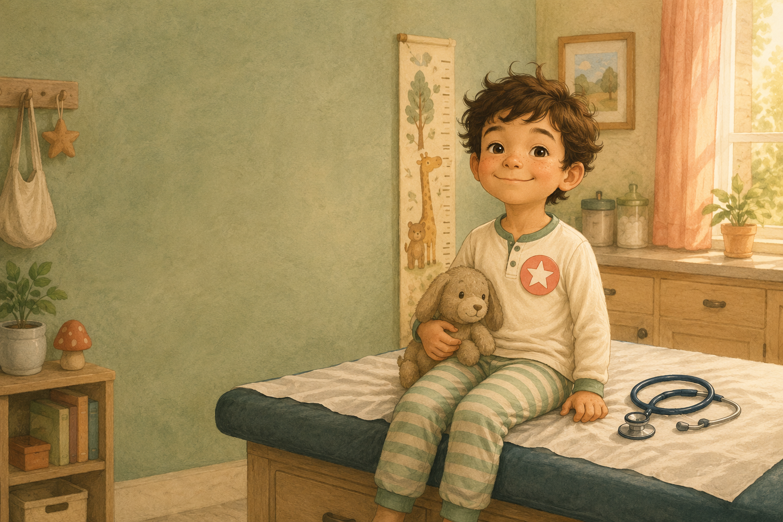 Child sitting on a doctor's exam table looking nervous but okay, warm illustrated style