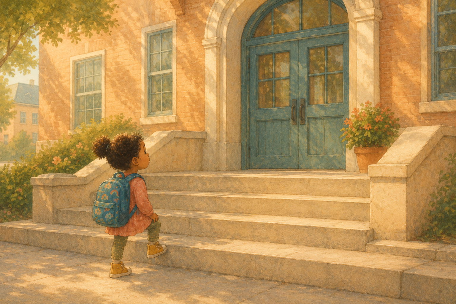 Small child with a big backpack at the door of a school, illustrated warm style