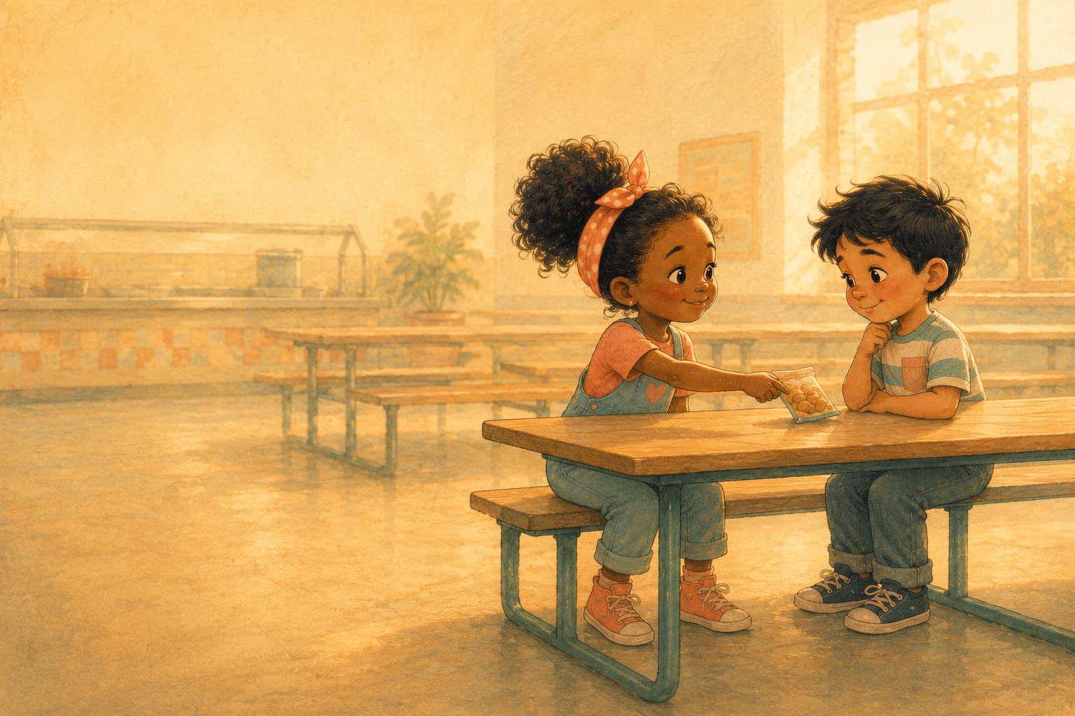 Two children meeting on a playground, warm illustrated style