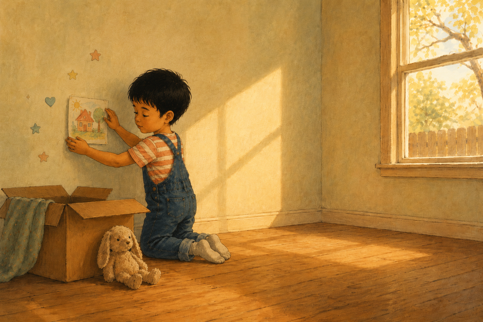 Child hanging a picture of their old house, with a mix of sad and curious expression, illustrated