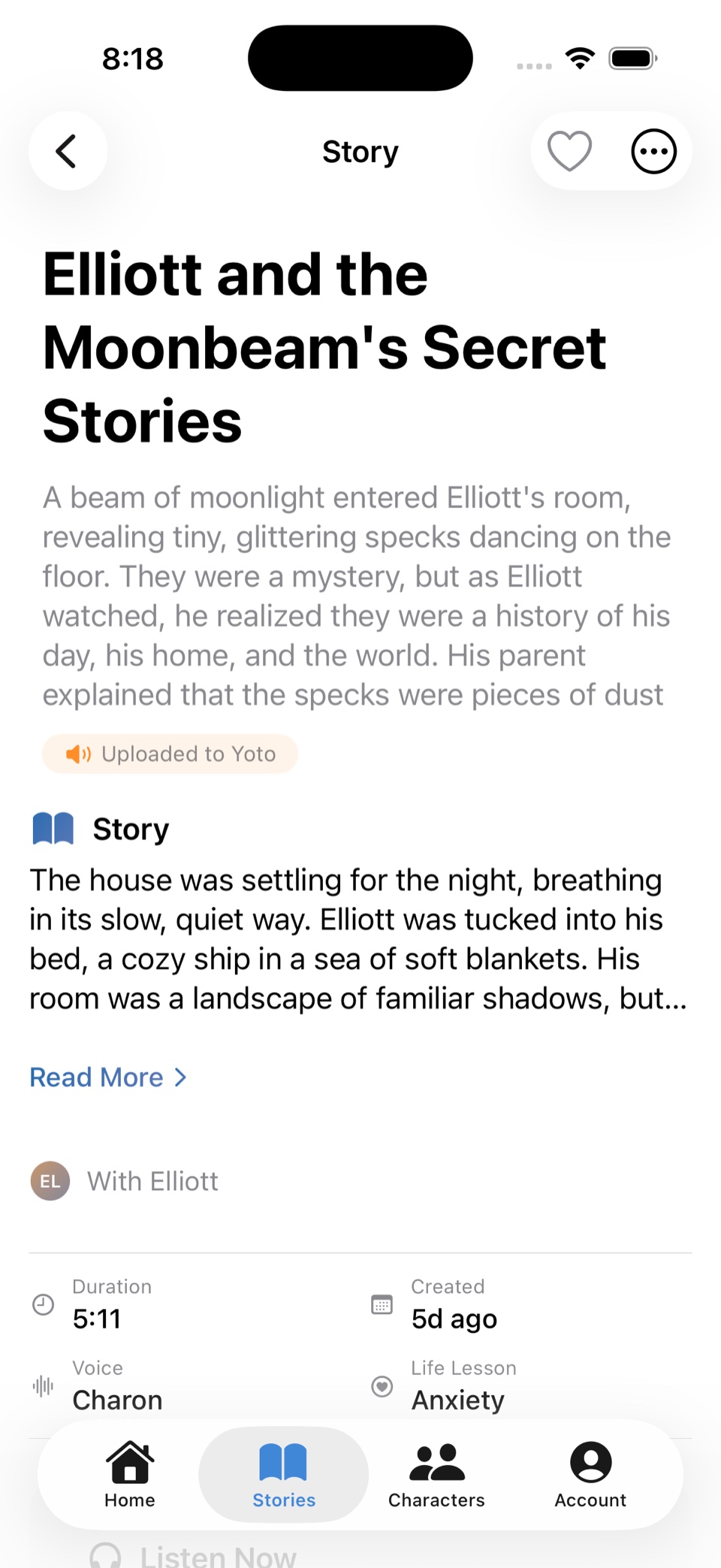 A finished personalized story with duration, voice, and life lesson