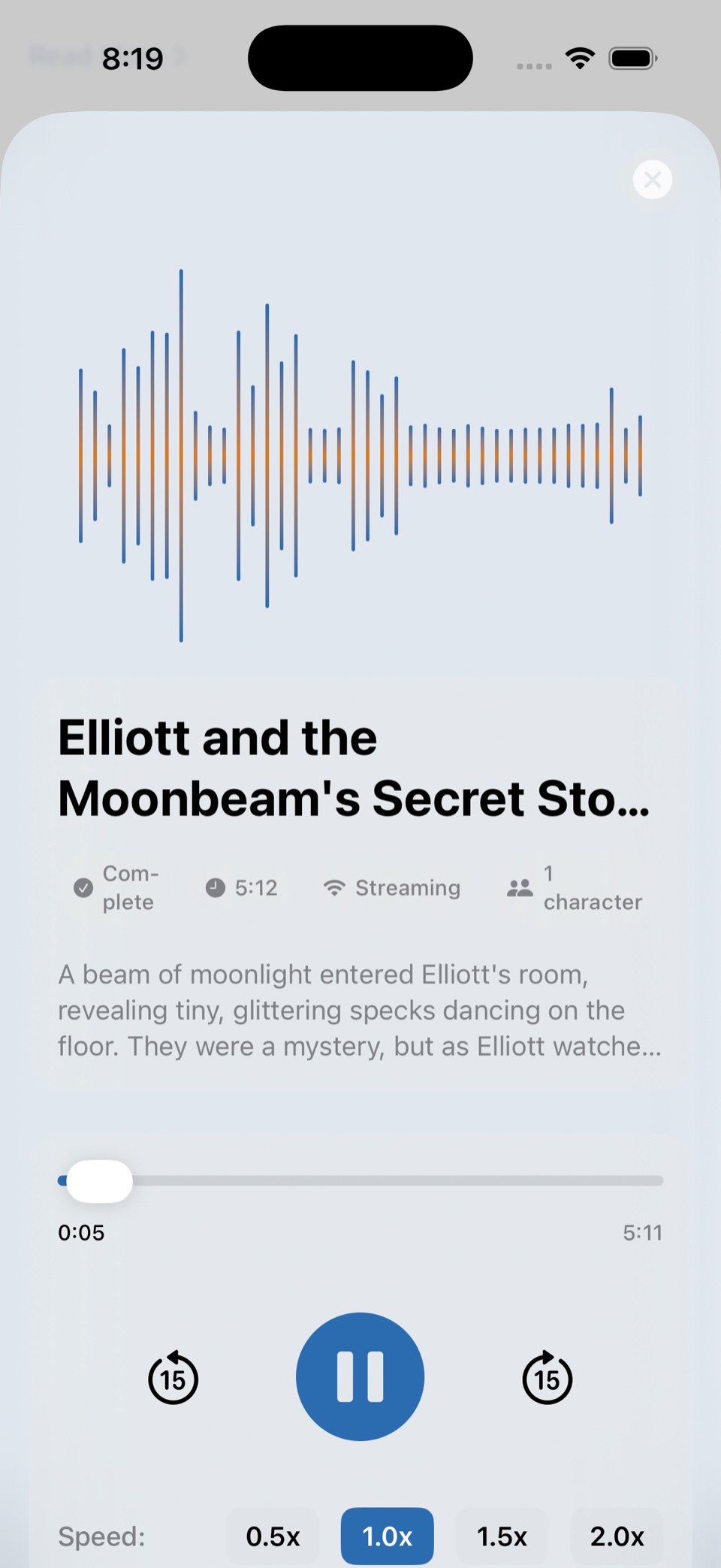 Playing the story with waveform, scrubber, and playback controls