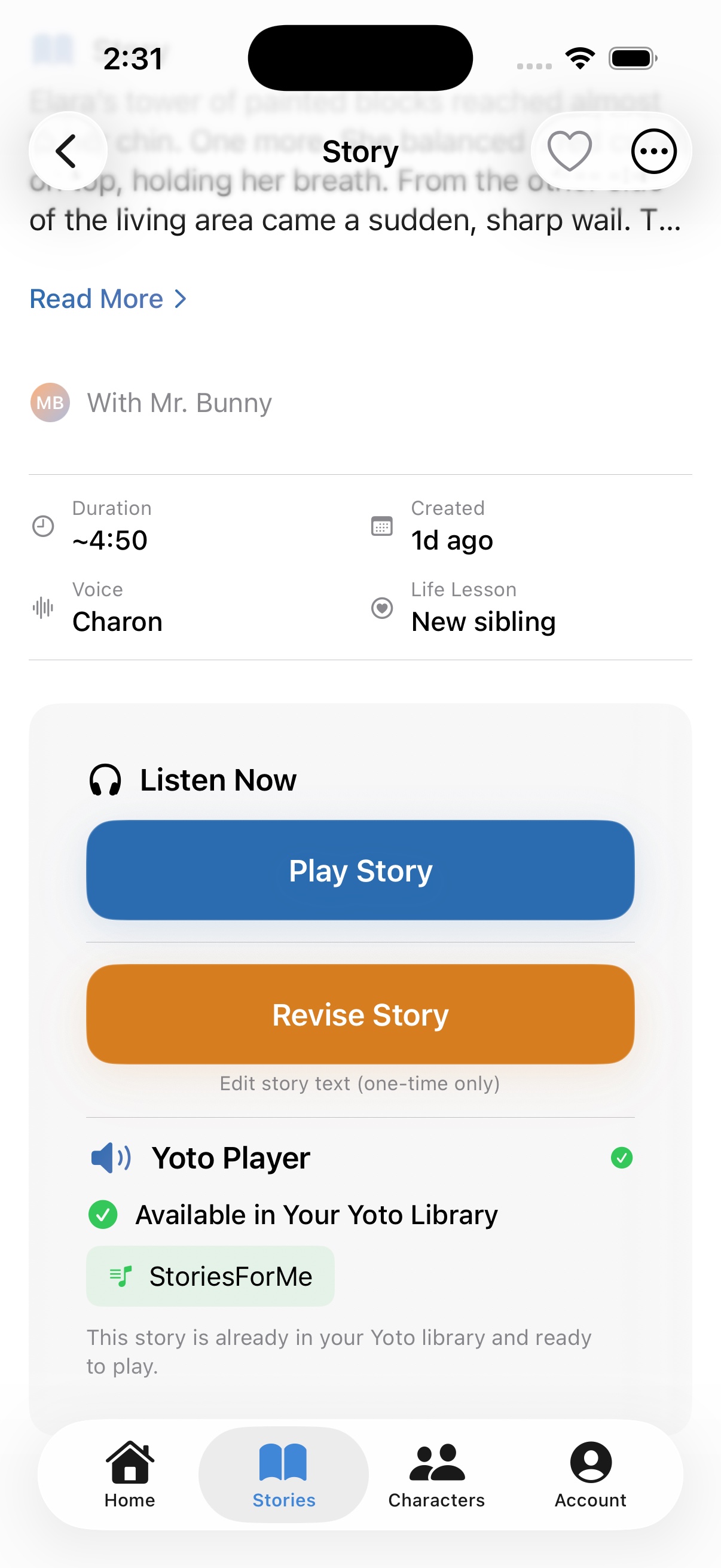 Story detail screen confirming the story is available in the StoriesForMe Yoto playlist and ready to play on Yoto Player