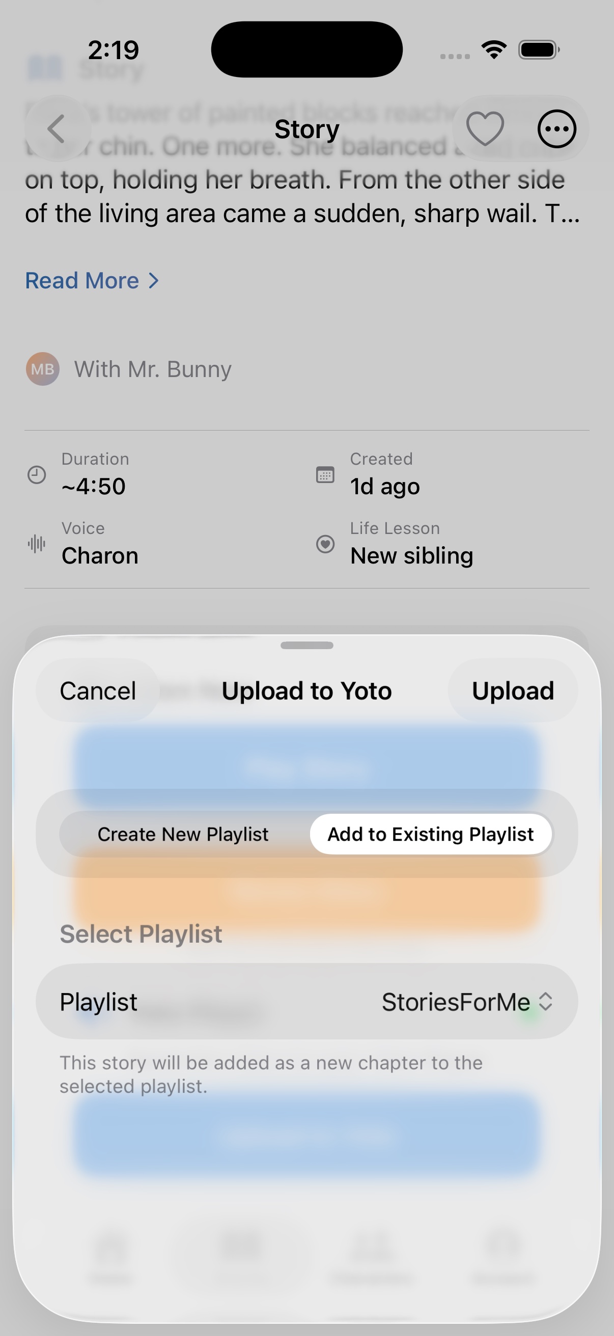 StoriesForMe upload sheet with Add to Existing Playlist selected and the StoriesForMe Yoto playlist chosen